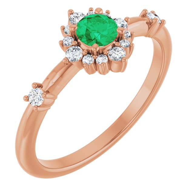 14K Rose Lab-Grown Emerald & 1/6 CTW Natural Diamond Halo-Style Ring 